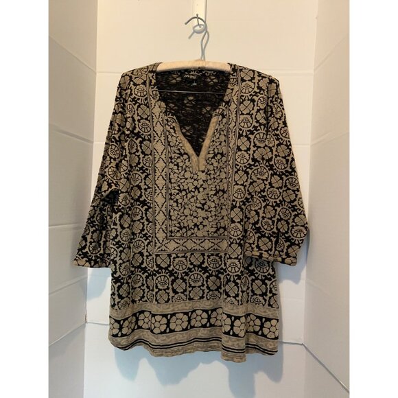 Lucky Brand Tunic Top Women's M Black Tan Boho Paisley Print Stretch 3/4 Sleeves - Picture 1 of 9